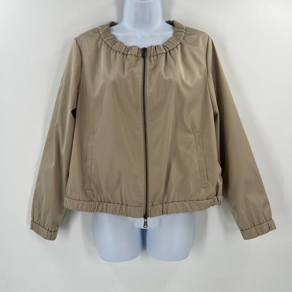 Chico's 1 US 8/M Tan Ruched Collar Bomber Jacket Full Zip Lined Lightweight - Picture 1 of 9